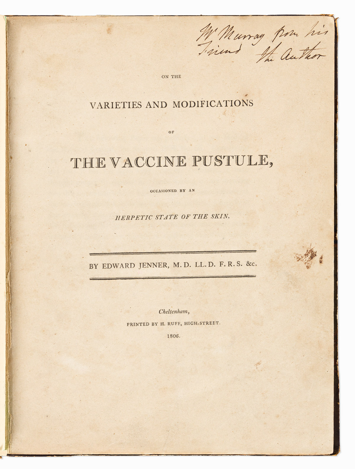 Jenner, Edward (1749-1823) On the Varieties and Modifications of the Vaccine Pustule, Occasioned by an Herpetic State of the Skin, Auth